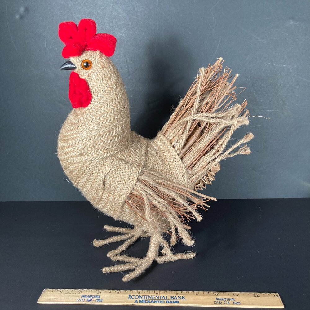 Rustic Chicken Rooster Statue Folk Art Farm Decor Farmhouse Burlap Fiber 13"